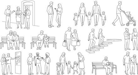 Obraz premium People Interaction Line Art Vector Collection with Families, Conversations, Walking and Everyday Activities