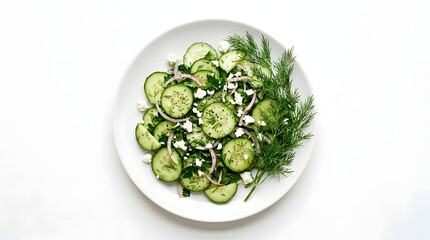 Obraz premium Fresh cucumber salad with dill onions and feta cheese served on white plate transparent background