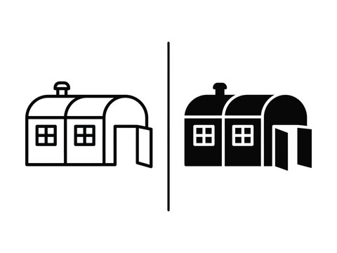 Warehouse Building Outline and Filled Vector Icon Set Isolated on White Background