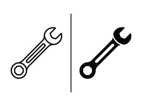 Open End Wrench Spanner Outline and Filled Vector Icon Set Isolated on White Background