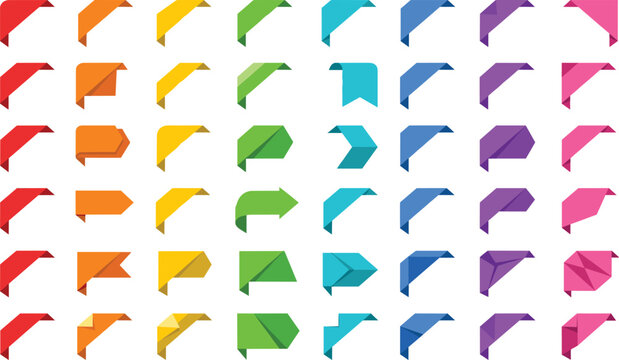Colorful geometric ribbon shapes collection with folded paper tab designs in red orange yellow green blue purple pink tones for banners labels