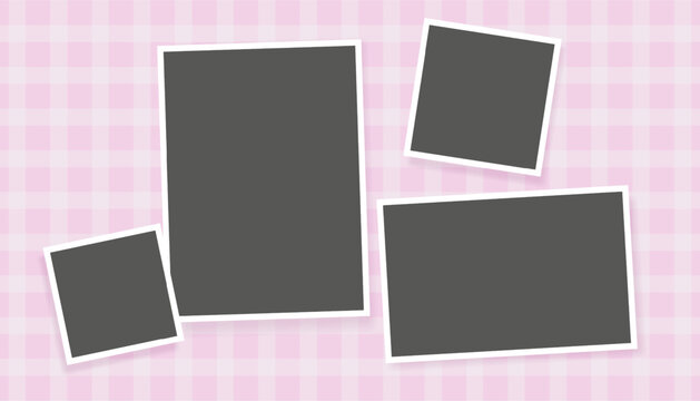 Photo vision ayout and frame board empty with picture album wall. Mockup template note and paper image mood with film digital texture. Creative photo l arrangement and emotion frame retro.
