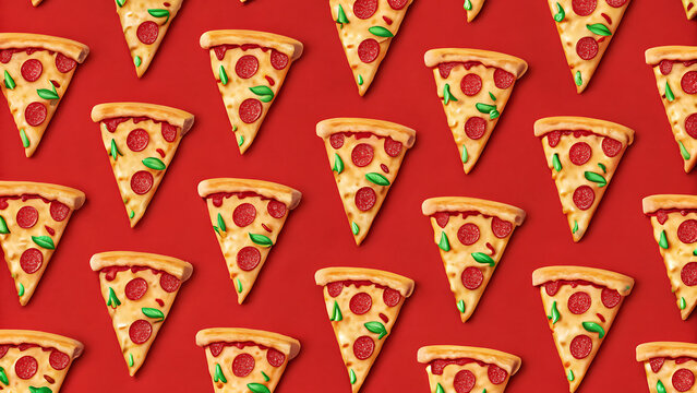Sliced pepperoni pizza triangles arranged in pattern. Delicious Italian food pieces on vibrant red backdrop for advertising.