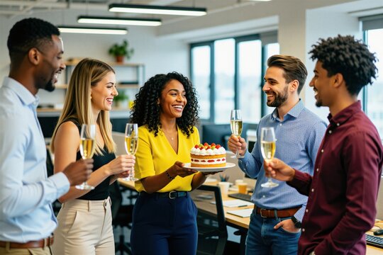 Diverse team celebrates milestone with cake and champagne in modern office. Colleagues share joy, toasting success. People enjoy dessert and drinks during team gathering at workplace.