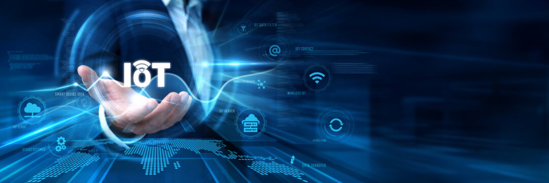 Businessman Hand Hold IOT and global smart data networking. Internet of things wireless sensor, connected devices network automation, intelligent ecosystem tech
