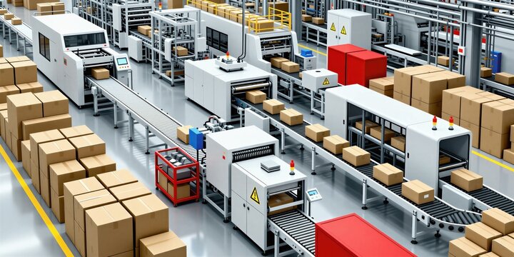 Automated factory floor with conveyor belts moving boxes. Modern manufacturing facility with production lines, packaging equipment. Robotic arms assist in process. Warehouse logistics in clean