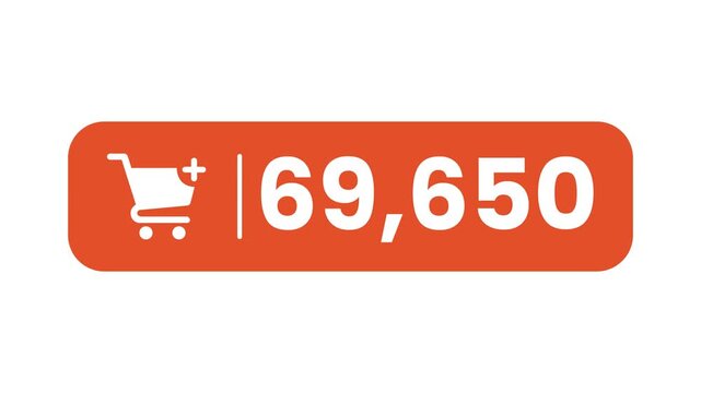 E-commerce add to cart notification counter animation. Orange shopping cart icon with rapidly increasing sales numbers. Online shopping success and viral product concept on white background.