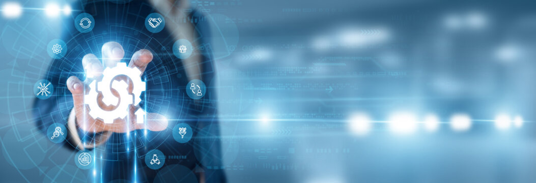Solutions Architect hand holding Business Integration and data networking, enterprise system merging, cross platform workflow optimization, digital infrastructure unification.