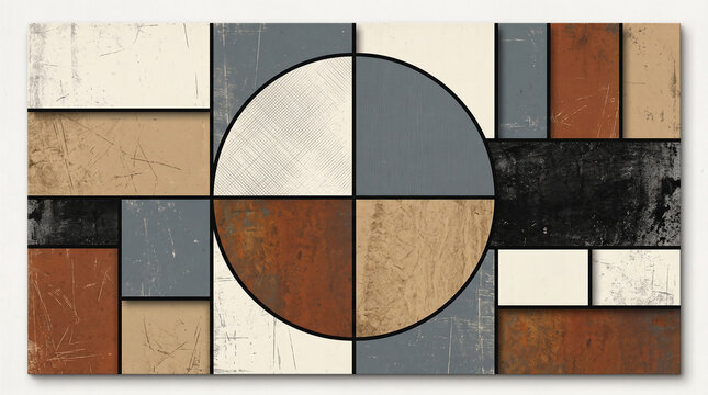 Abstract geometric artwork with central circle quadrants gray-blue tan rust off-white surrounded by rectangles earthy tones distressed texture vintage modern balanced design    generative ai