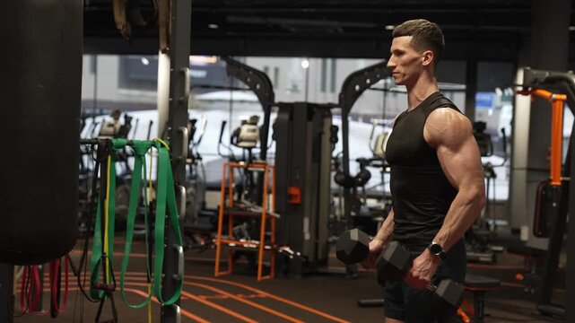 Strong man do sport exercise. Gym workout. Sport athlete man with dumbbell. Healthy lifestyle. Biceps muscle. Strong triceps. Man exercising with dumbbell. Man athlete lifting dumbbell, banner