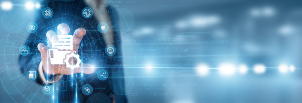 Records Administrator hand holding Document Management and data networking, digital archive organization, cloud file storage system, corporate information compliance.