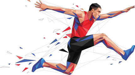 Low poly geometric illustration of an athlete jumping high with abstract red and blue triangles for sports and fitness © Prince7011