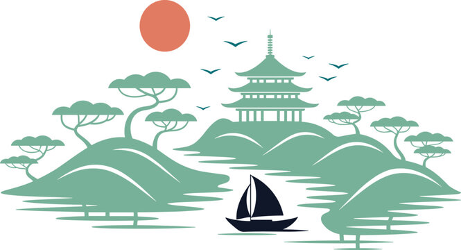Vector set of a serene oriental nature landscape featuring a temple pavilion calm water single sailboat flying birds and decorative bonsai trees, doodle element