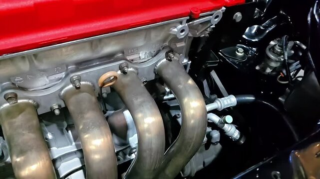 Car engine block with battery, clutch, crankshaft, Mechanic Inspection, Automotive Engineering, Machine Vehicle Maintenance, Motor Garage, Slow Motion Shot
