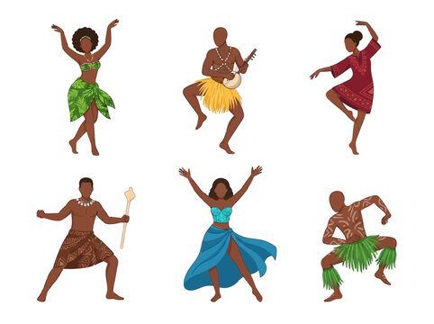 Polynesian dancers set. Traditional island people performing cultural tribal dance moves.