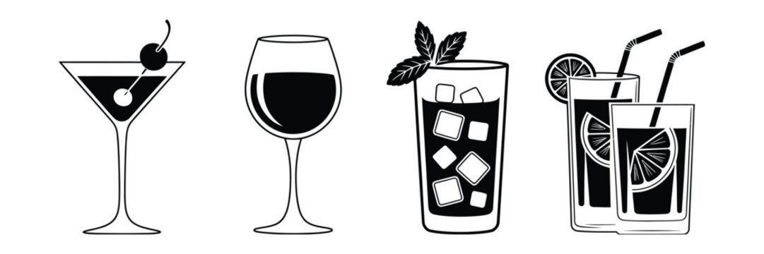 Cocktail icons illustrating martini, mojito, whiskey, wine, and drink glass symbols in outline and solid styles with clean minimalist vector graphics for restaurant menus, pub branding, bar promotions