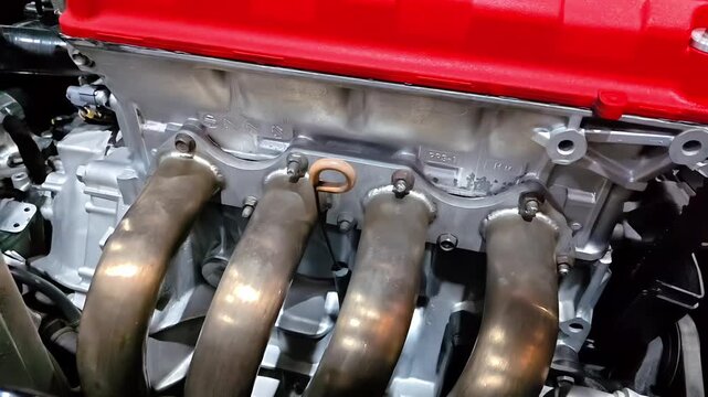 Car engine block with battery, clutch, crankshaft, Mechanic Inspection, Automotive Engineering, Machine Vehicle Maintenance, Motor Garage, Slow Motion