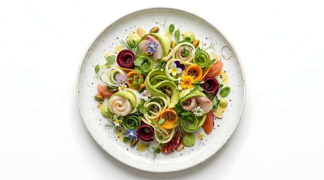 Fresh vibrant salad with colorful vegetables flowers and nuts served on white plate transparent background