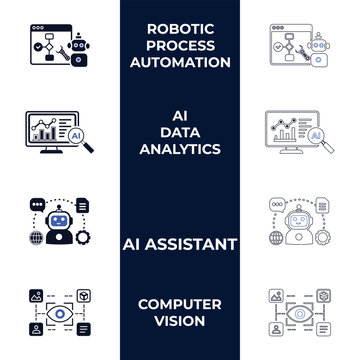 Machine learning and ai automation vector icons in solid glyph and line style for rpa process, predictive data analytics, intelligent ai assistant, and visual computer vision