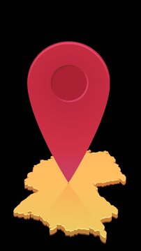 Travel destination, geolocation navigation, and German logistics concept represented by a bouncing map pin on Germany map. Chroma key green screen with alpha channel. (loopable)