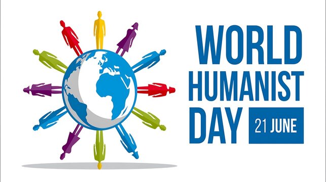 World Humanist Day concept with globe. Diverse people icons representing global unity.