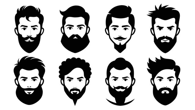 Collection of eight black silhouettes showing various men head profiles with different beard styles, haircuts, and facial hair types, isolated on a white background, set .vector