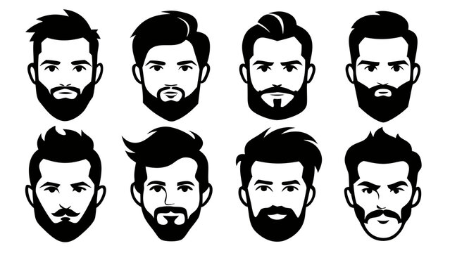 Collection of eight black silhouettes showing various men head profiles with different beard styles, haircuts, and facial hair types, isolated on a white background, set .vector