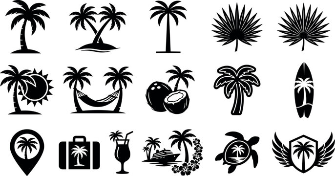 Palm Trees and Tropical Icons in Black and White Vector Illustrations Featuring Tree, Icon, Illustration with Beach and Vacation