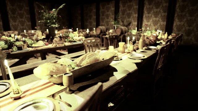 Formal longtable lined with loaves and candlelight, ornate place settings, folded napkins and patterned wallpaper create elegant banquet scene for ceremony
