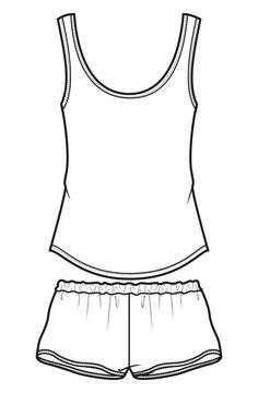 Women's sleeveless round neck Tank top vest with shorts flat sketch fashion illustration drawing template mock up with front and back view, Camisole Night wear pajama set. Cami set sleepwear