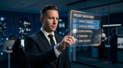 Fototapeta premium Businessman interacting with a digital holographic project management interface in a modern office
