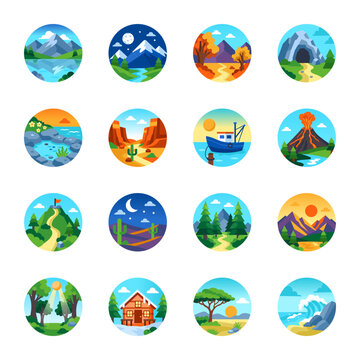 Collection of flat landscape icons featuring mountains, forests, lakes, deserts, volcanoes, cabins, beaches, and natural scenery in colorful circular compositions. 

