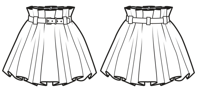 Paper bag waist Pleated Skirt flat sketch fashion illustration drawing with front and back view, Belted pleated Mini skater skirt design cad vector template