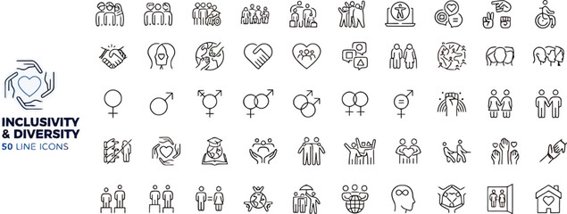 Inclusivity and human diversity line icons set. Gender equality, LGBTQ community pride, and cultural unity linear vector symbols.