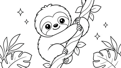 Sloth Hanging From Branch Black And White Vector Illustration © Papon Mejba
