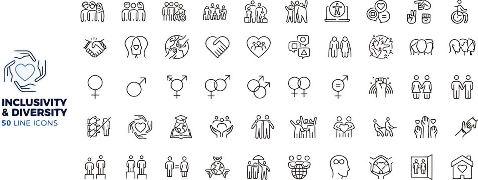 Inclusivity and human diversity line icons set. Gender equality, LGBTQ community pride, and cultural unity linear vector symbols.