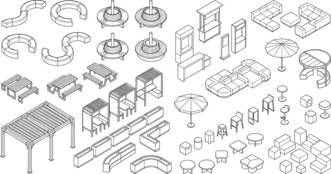 Isometric Outdoor Furniture and Urban Landscape Elements CAD Vector Collection