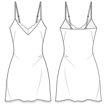 Satin Slip dress design flat sketch fashion illustration with front and back view, v neck Lace night dress cad drawing vector template