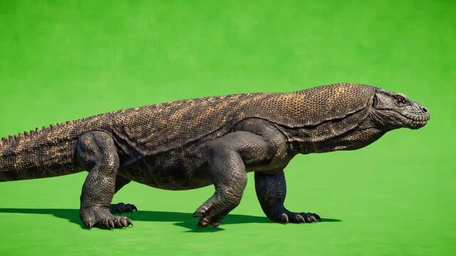 Realistic Komodo dragon walking slowly across a bright green screen background with flicking tongue and detailed scales