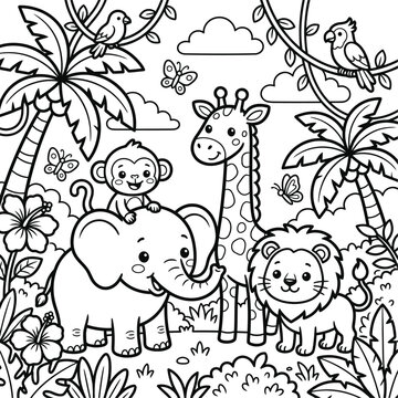 Cute cartoon safari animals in the jungle for children coloring page with elephant monkey giraffe and lion