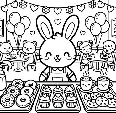 Cute cartoon bunny baker serving donuts cupcakes and cookies in a cheerful cafe coloring page for kids