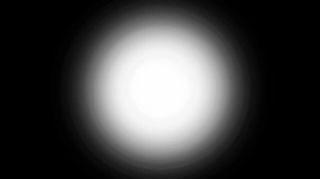 Minimalist white strobe light pulse, dynamic optical lens flare burst animation loop for video transition effect, abstract bright glowing neon circular flash spot on black background. 4k video