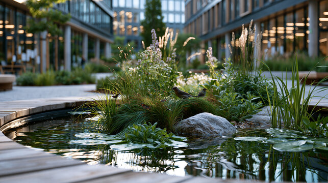 Biodiversity island with pond, wild grasses, birds, and insects in a modern city square urban ecology nature design