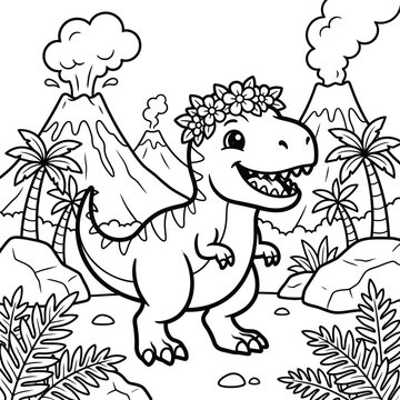Cute cartoon tyrannosaurus rex wearing a flower crown standing in a prehistoric landscape with volcanos coloring page