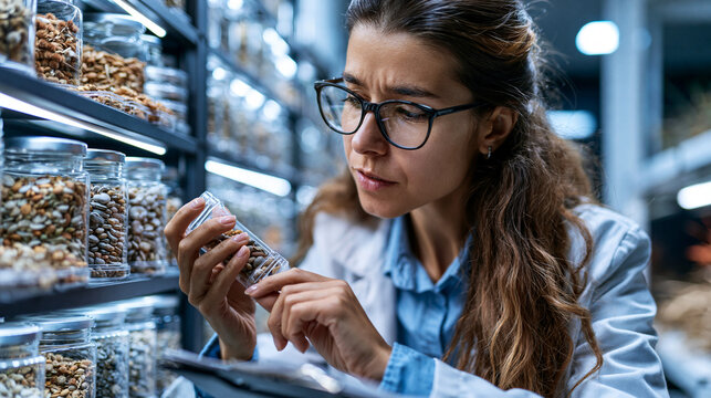 Scientist in a modern seed bank cataloging transparent containers of rare seeds for climate resilience biodiversity preservation