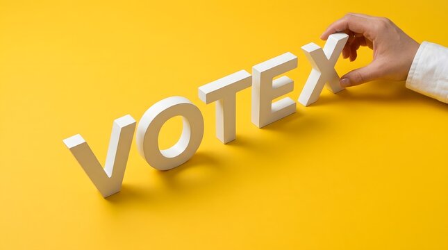 Hand placing the letter x to complete the word votex on a yellow background