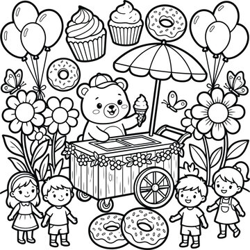 Cute bear selling ice cream from a cart to children in a garden coloring page for kids