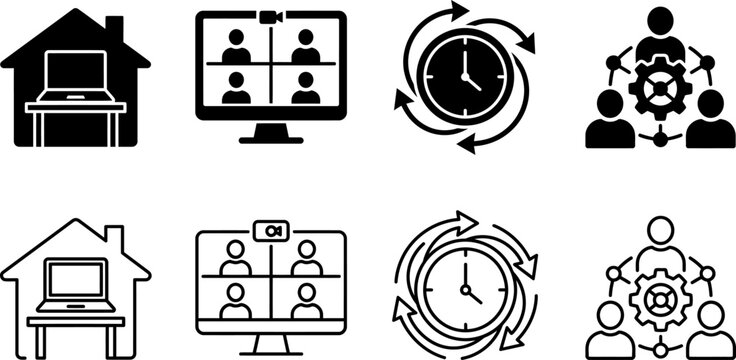 remote work and virtual meeting icons in black and white
