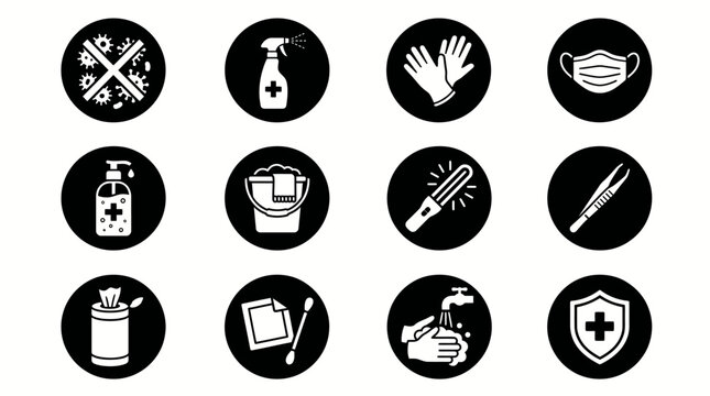 Set of black and white round icons representing hygiene sanitation and medical cleaning supplies for health safety and virus prevention