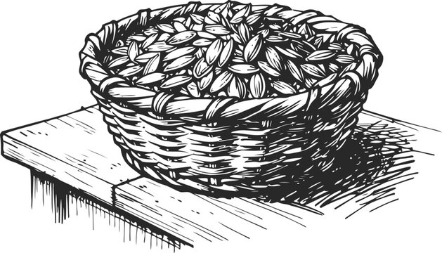 wicker basket filled with sunflower seeds on wooden table, hand drawn vintage illustration